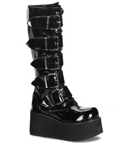 TRASHVILLE-518 Demonia Shoes Black Patent Gothic Boots Unisex Demonia Footwear