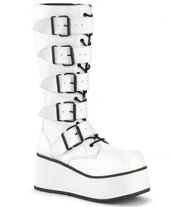 TRASHVILLE-518 Demonia Shoes White Vegan Leather Knee High Gothic Boot