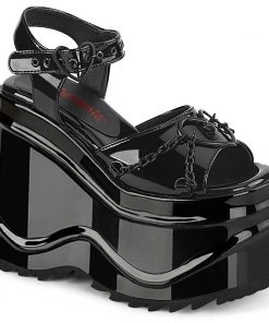 Women's Demonia Footwear WAVE-09 Demonia Shoes Black Patent Gothic Sandals