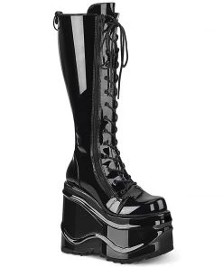 Women's Demonia Footwear WAVE-200 Demonia Shoes Black Patent Gothic Knee Boot